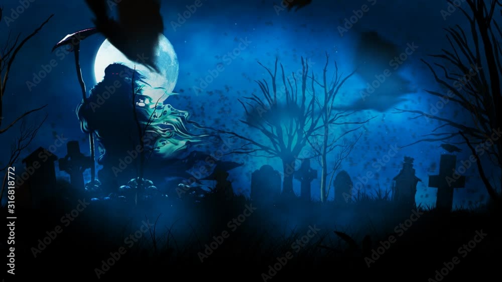 Wall mural grim reaper with full moon tombstones and bats 4k loop features a graveyard with fog rolling and a f