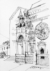 Lineard drawing of Basilica of Santa Maria Maggiore and Capella Colleoni in Citta Alta, Bergamo, Italy.