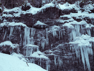 The Breitachklamm ravine in winter with long icicles in Tiefenbach near Oberstdorf, Bavaria, Germany