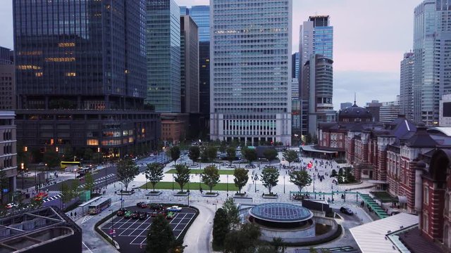 Aerial video of Marunouchi side of Tokyo railway station in the Chiyoda City, Tokyo, Japan.