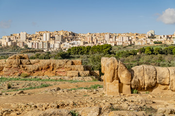 Giant Telamon, Atlas supporting statue of ruined Temple of Zeus in the Valley of Temples of Agrigento, Sicily, Italy.