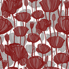 Seamless pattern with Red Poppies Flowers. Beautiful summer print. Botanical hand drawn illustration. Design for wallpaper, fabric, textile, gift paper, postal packaging