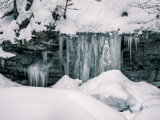 The Breitachklamm ravine in winter with long icicles in Tiefenbach near Oberstdorf, Bavaria, Germany