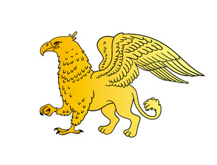 Golden griffin isolated on white background. Template. Close-up. Clip art. Vector. Label, logo, emblem