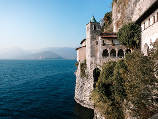 Fototapeta na wymiar Church in a cliff. It is called Santa Caterina del Sasso and is located in Lombardia - Italy above the maggiore lake