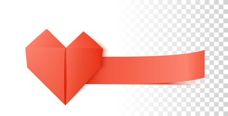 Origami Heart Shapes Crafted Of Paper. Vector 3d Photo Realistic Template Isolated On Transparent Background For Valentine Card, Banner Or Label