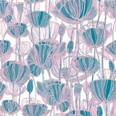 Obraz premium Botanical seamless pattern of beautiful flowers. Design for background, wallpaper, fabric, textile, wallpaper, website, cards, gift paper