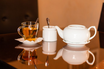 teapot with tea, copy space. tea time