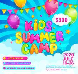 Kids Summer camp invitation flyer. Template for advertising brochure, children activities on camping. Great for posters, flyers, banners. Sunburst background, ballons and flags.Vector Illustration