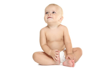 Beautiful little boy in diaper isolated on white background