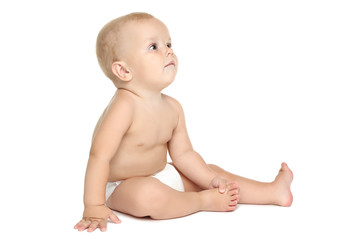 Beautiful little boy in diaper isolated on white background