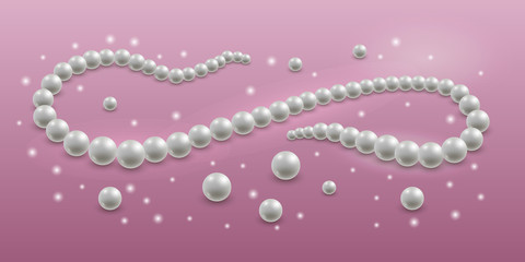 Pearl necklace. Jewelry design vector illustration. Realistic 3d pearls, light shine effect, sparkles on elegant colorful background.