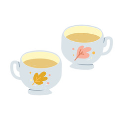 Tea cups full of hot herbal or green tea, decorative porcelain teacups with plant pattern. Ceramic kitchen utensil for serving tea or coffee, isolated hand drawn vector illustration, modern flat style