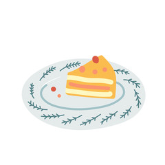 Piece of cake decorated with berries on decorative porcelain plate isolated on white background. Tasty dessert, pie or sweet biscuit pastry. Simple flat hand drawn illustration in hygge style.