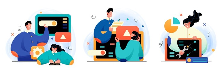 Design and Development illustrations. Collection of concept illustrations with Programmers and designers working in a company office. Perfect for web design, banner, mobile app, landing page. Vector