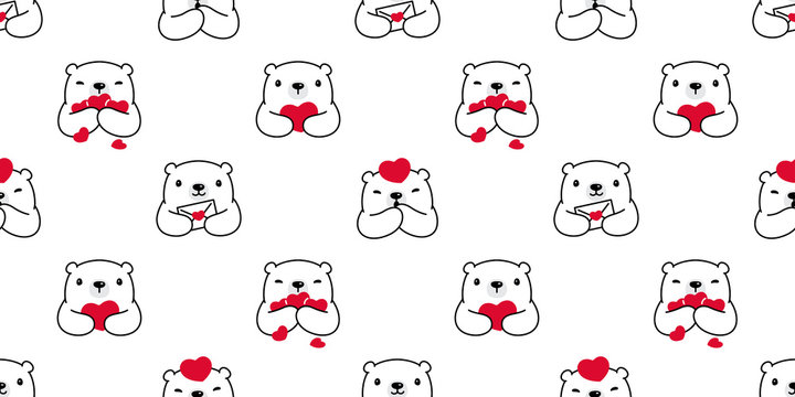 Bear seamless pattern heart valentine vector polar bear teddy cartoon scarf isolated repeat wallpaper tile background illustration doodle white design