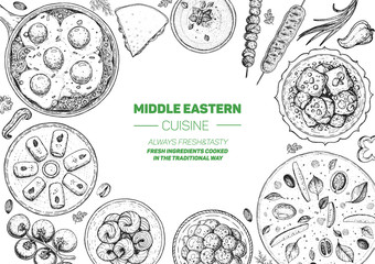 Middle eastern food top view frame. Food menu design with manakish, shakshouka, kebab, halva, hummus and sweet desserts. Vintage hand drawn sketch vector illustration.