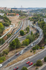 view from the aqueduct on the bridge and statue of the Christ in Lisbon
