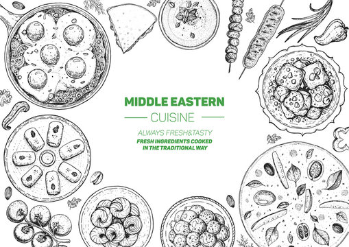 Middle eastern food top view frame. Food menu design with manakish, shakshouka, kebab, halva, hummus and sweet desserts. Vintage hand drawn sketch vector illustration.