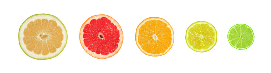 Naklejka na ściany i meble Colorful cross sections of citrus fruits - sweetie, grapefruit, orange, lemon and lime isolated on white background 