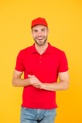 Shop worker. Handsome guy cashier uniform. Restaurant cafe staff wanted. Welcome. Supermarket cashier. Man delivery service wear red cap. Shop assistant. Food order delivery man. Cashier occupation