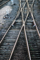 Closeup of railways crossing in the train station on top view