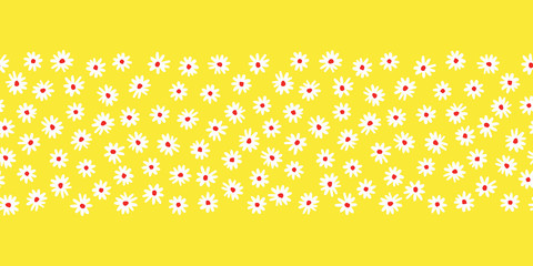 White abstract naive hand-drawn daisy flowers on yellow background vector seamless horizontal pattern border