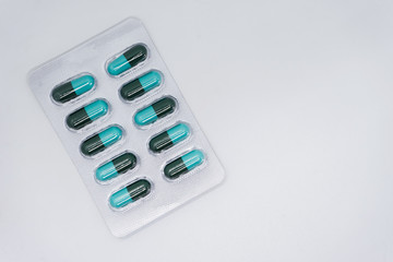 Different medicines: tablets, pills in blister pack, medications drugs