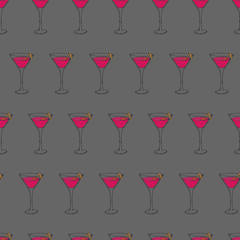 Cosmopolitan Cocktail seamless pattern. Hand drawing sketch outlines on grey background can be printed on textile, wallpaper, wrapping paper, greeting cards, used in logo, banner, landing page. Vector