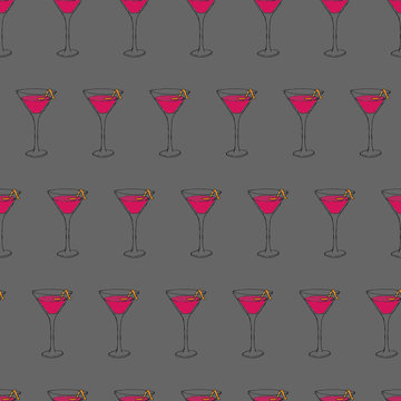 Cosmopolitan Cocktail seamless pattern. Hand drawing sketch outlines on grey background can be printed on textile, wallpaper, wrapping paper, greeting cards, used in logo, banner, landing page. Vector