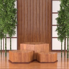 3d render image of background podium for cosmetic product,3d wood podium japan tradition calture style.