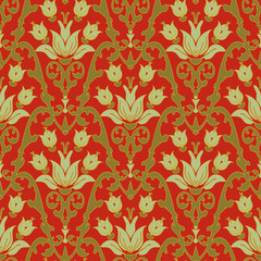 Seamless vector pattern with white lilies and leaves on rusty orange red background. Vintage royal wallpaper design with flowers.