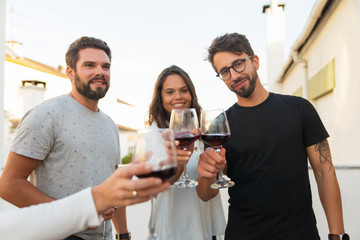 Cheerful friends toasting to camera with glasses of red wine. Cheerful friends posing with red wine for photo. Celebration concept