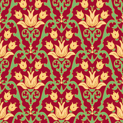 Seamless vintage wallpaper design with white lilies on dark red background. Floral repeat vector pattern Victorian style.