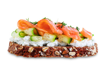 Smoked salmon ricotta cheese  rye sandwich on a white isolated background