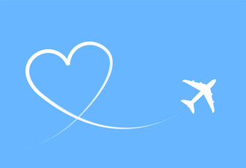 Airplane with heart shaped condensation trail on simple blue sky