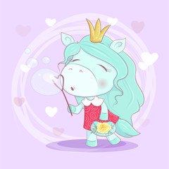 Obraz na płótnie Canvas Cute cartoon unicorn girl with flowers blowing soap bubbles. Vector illustration
