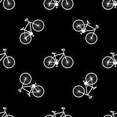 Fototapeta na wymiar Texture with bicycles pictograms. Bicycles seamless background. Bikes silhouette on black