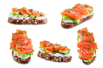 Smoked salmon ricotta cheese  rye sandwich on a white isolated background