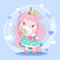 Cute cartoon unirog girl in a wreath of flowers and a donut with icing. Vector illustration