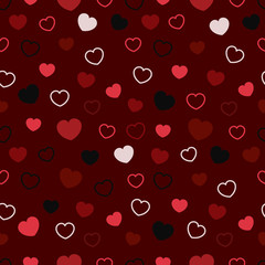 Colorful geometric vector seamless pattern with illustration of hearts and dark red background