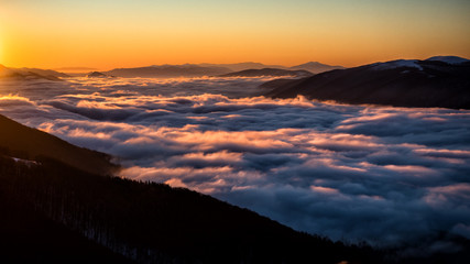 Splendid sunrise in the Carpathian Mountains. Bieszczady National Park. Poland.