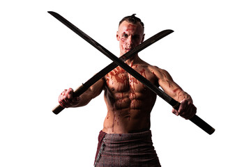 A man with two katanas in his hands, in the blood of the enemy. Blocks blows. Isolated on a white background.