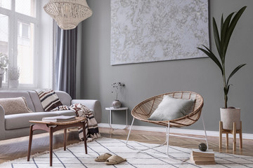 Modern boho interior design of living room with design rattan armchair, gray sofa, coffee table,...