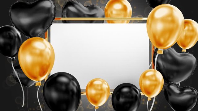 Paper table with gold and black balloons. Golden frame. Black background. 3D Render.