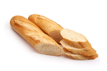 Freshly baked baguette, isolated on white background