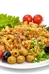 Fusilli pasta with minced meat, isolated on white background