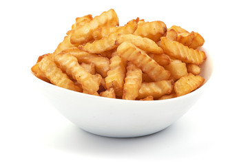 French fries in a bowl, isolated on white background