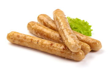 Barbecue grilled chicken sausages, isolated on white background