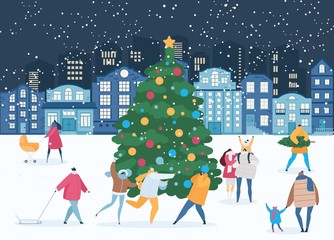 Winter night and people around Xmas tree vector illustration. Christmas and New Years celebration eve. Different people play snowballs, carry fir, walk with children outdoors in city square.